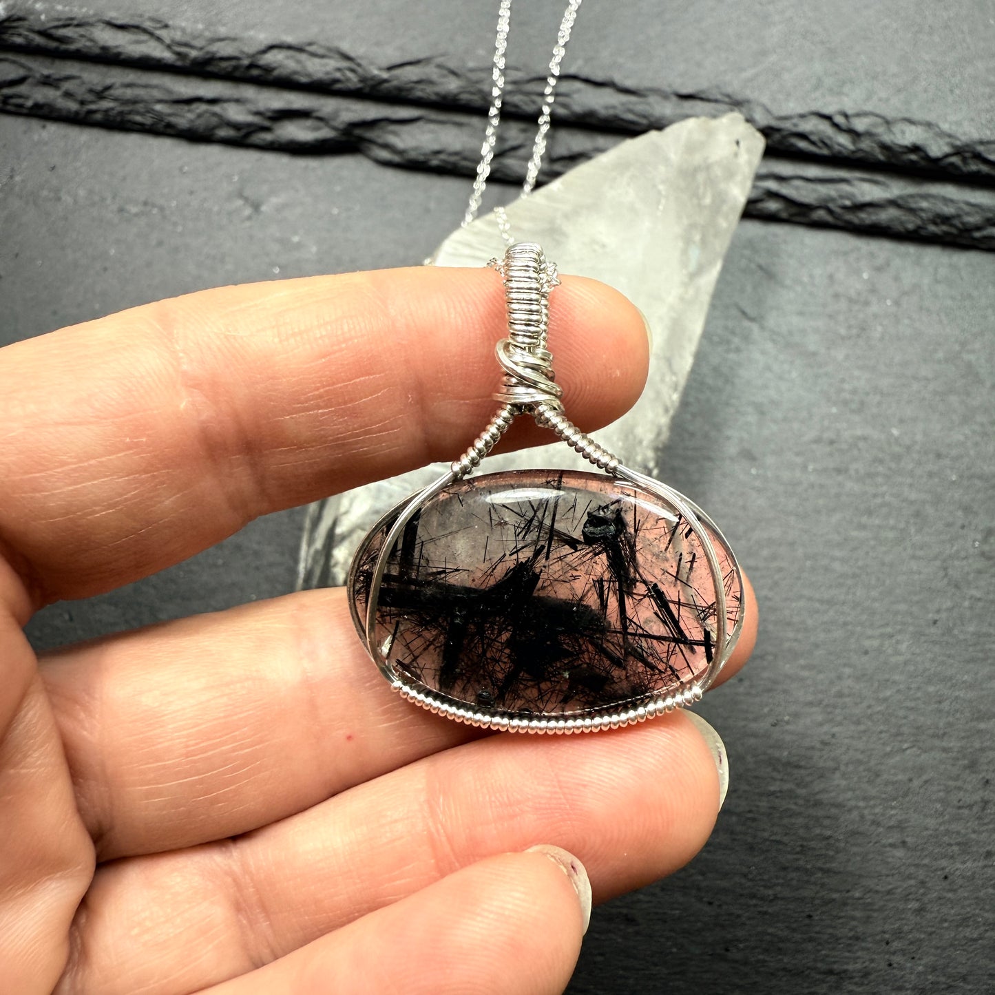 Black Tourmaline in Quartz Pendant