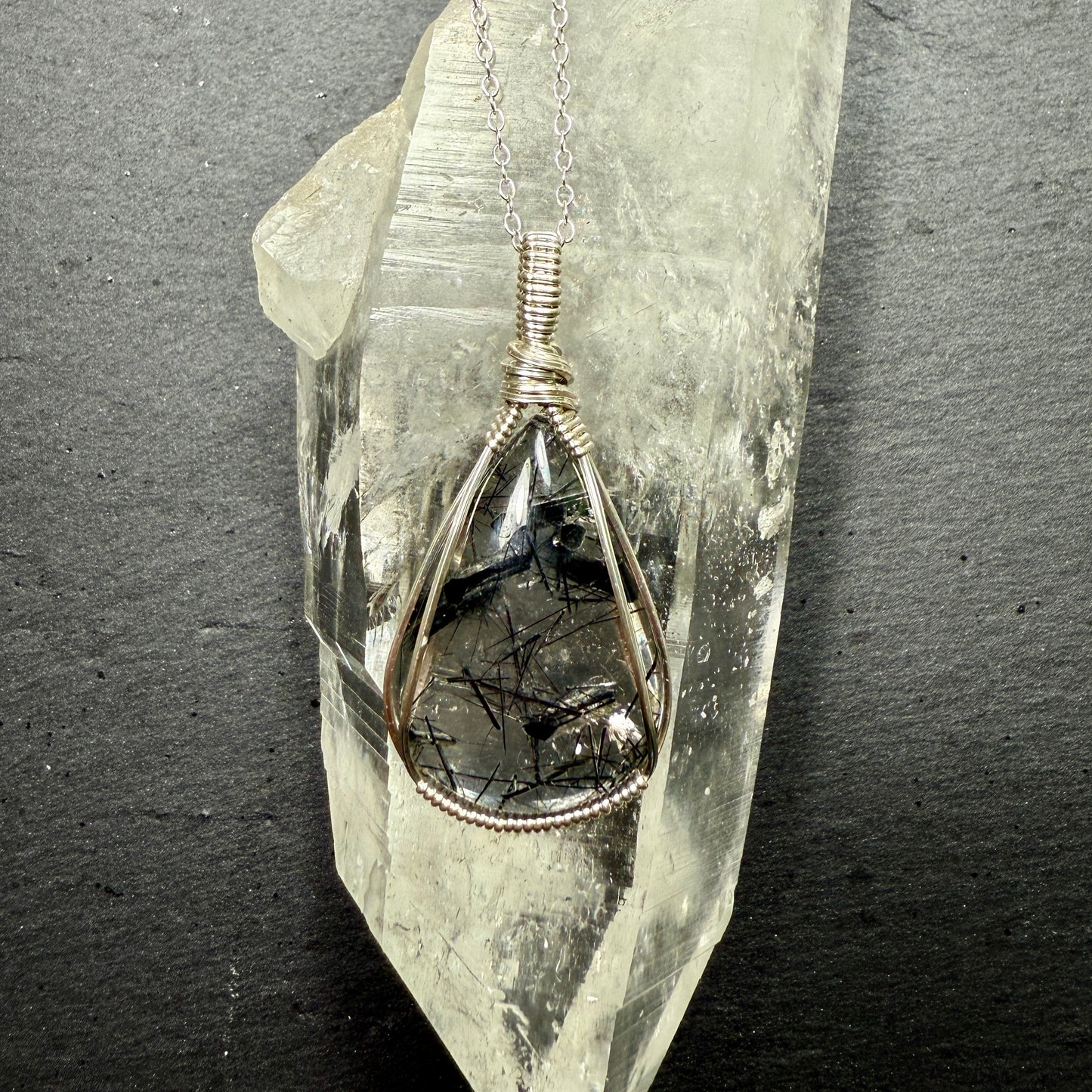 Black Tourmaline in Quartz Pendant
