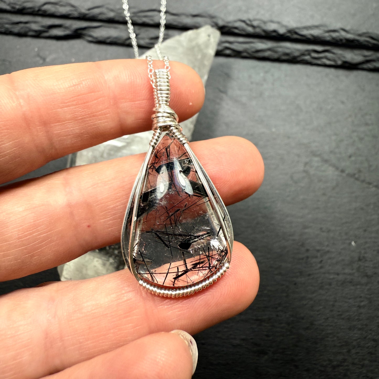 Black Tourmaline in Quartz Pendant