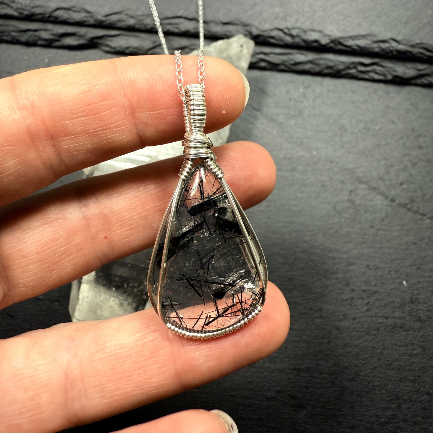 Black Tourmaline in Quartz Pendant