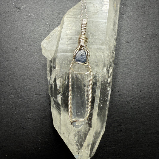 Sapphire Record Keeper and Lemurian Quartz Crystal Pendant