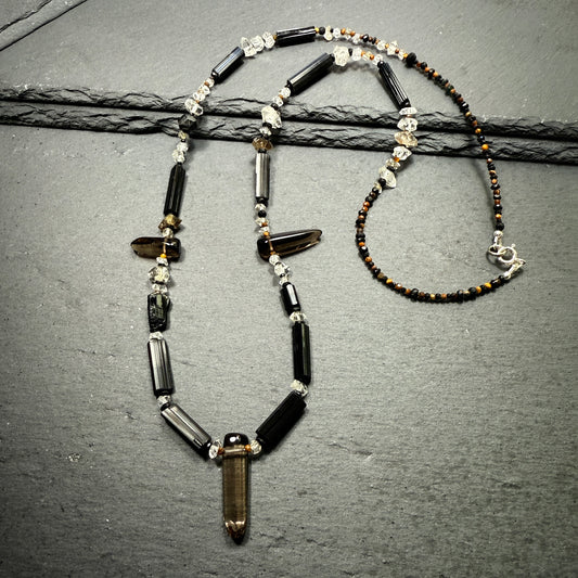 Protection & Transmutation Necklace: Smoky Quartz, Black Tourmaline, Double Terminated Quartz, Tiger Eye