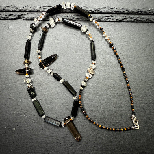 Protection & Transmutation Necklace: Smoky Quartz, Black Tourmaline, Double Terminated Quartz, Tiger Eye