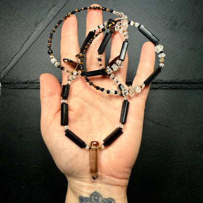 Protection & Transmutation Necklace: Smoky Quartz, Black Tourmaline, Double Terminated Quartz, Tiger Eye