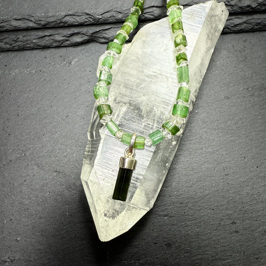 Green Tourmaline and Quartz Crystals Necklace