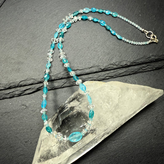 Blue Apatite, Aquamarine and Double Terminated Clear Quartz Crystal Necklace ~ Clarity, Communication