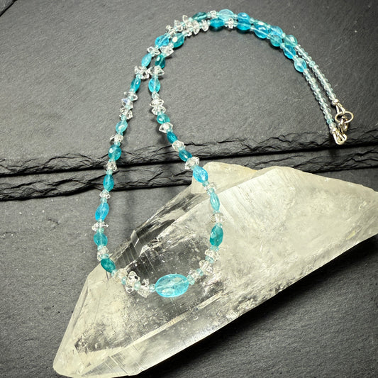 Blue Apatite, Aquamarine and Double Terminated Clear Quartz Crystal Necklace ~ Clarity, Communication