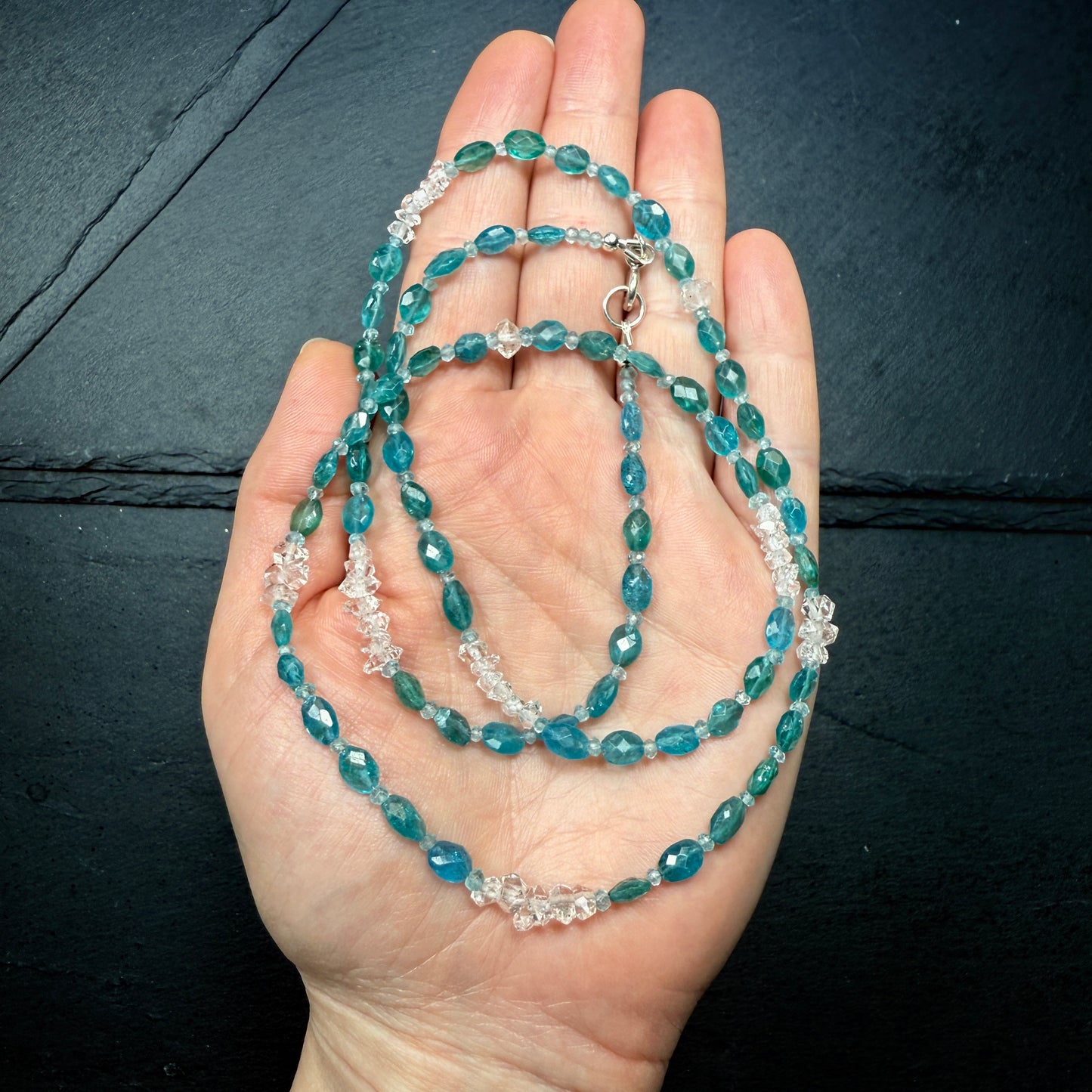 Blue Apatite and Double Terminated Clear Quartz Crystal Necklace ~ Clarity, Intuition
