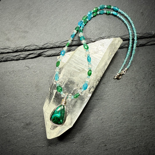 Chrysocolla Pendant with Blue Apatite and Double Terminated Clear Quartz Crystal Necklace ~ Inner Goddess Awakening