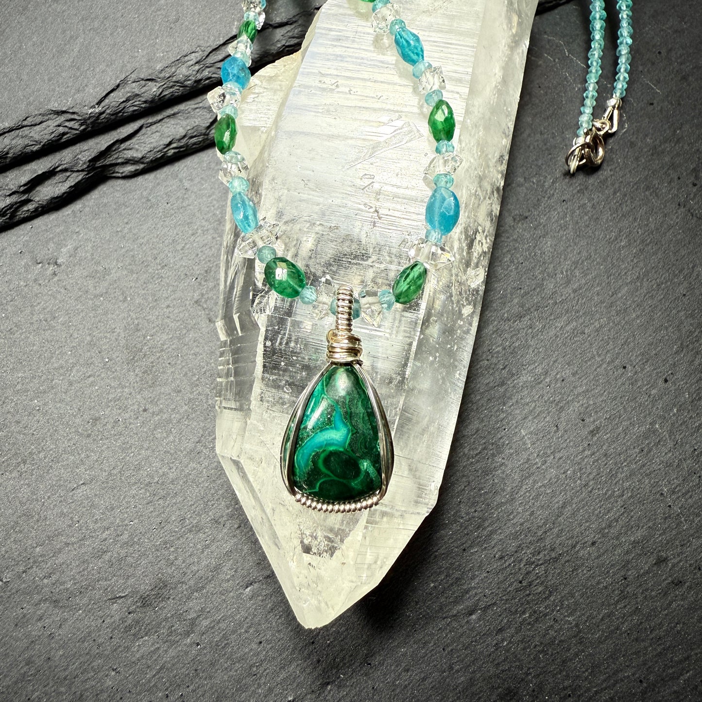 Chrysocolla Pendant with Blue Apatite and Double Terminated Clear Quartz Crystal Necklace ~ Inner Goddess Awakening