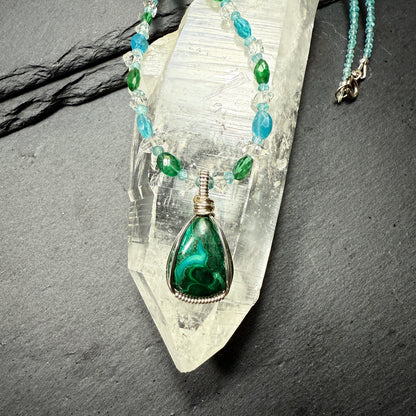 Chrysocolla Pendant with Blue Apatite and Double Terminated Clear Quartz Crystal Necklace ~ Inner Goddess Awakening