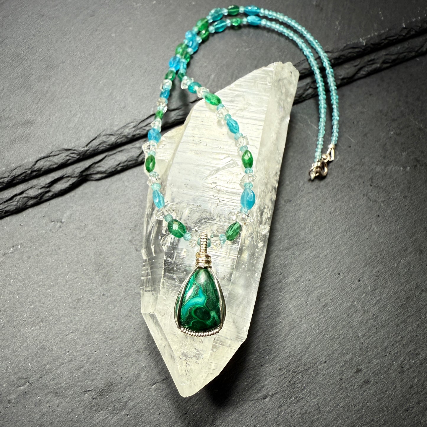 Chrysocolla Pendant with Blue Apatite and Double Terminated Clear Quartz Crystal Necklace ~ Inner Goddess Awakening