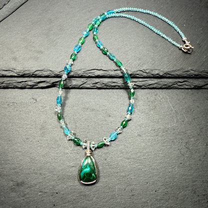 Chrysocolla Pendant with Blue Apatite and Double Terminated Clear Quartz Crystal Necklace ~ Inner Goddess Awakening