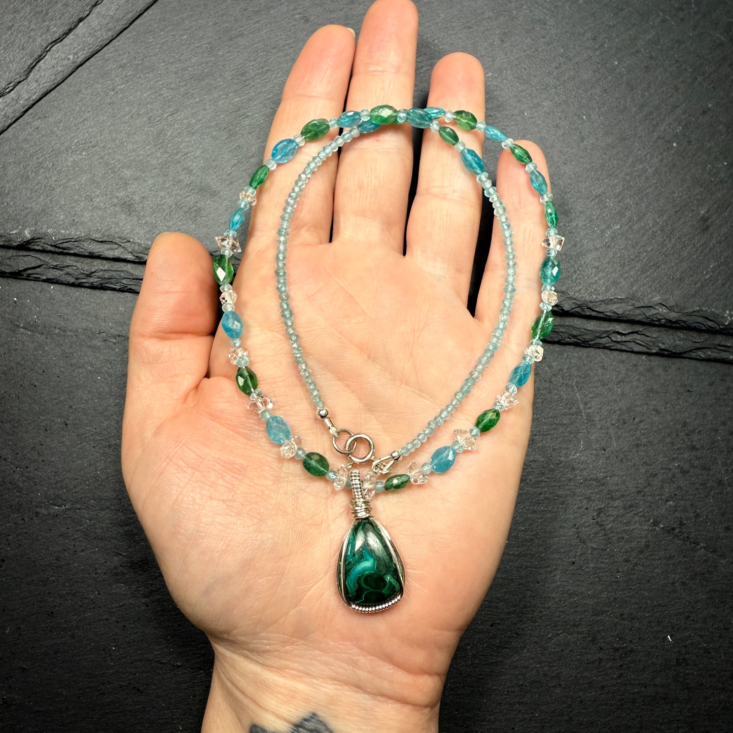 Chrysocolla Pendant with Blue Apatite and Double Terminated Clear Quartz Crystal Necklace ~ Inner Goddess Awakening