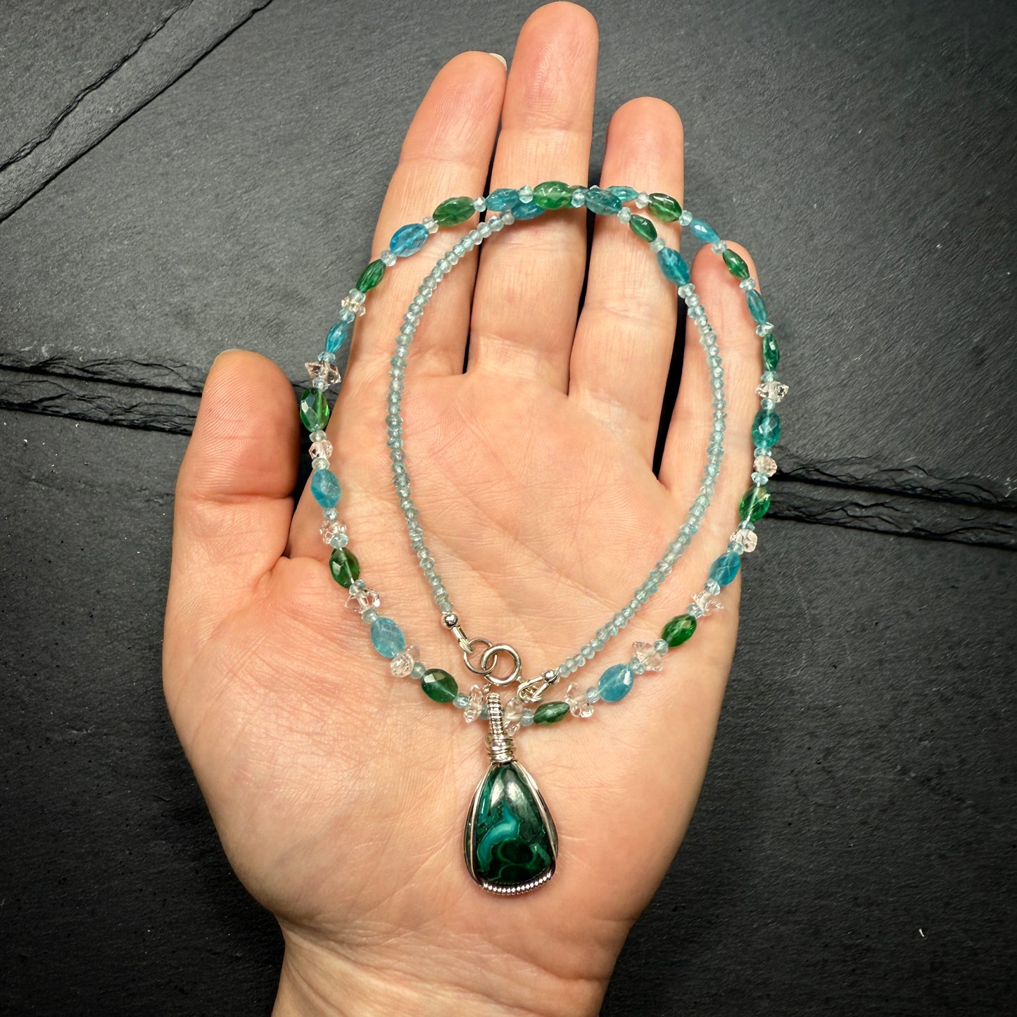 Chrysocolla Pendant with Blue Apatite and Double Terminated Clear Quartz Crystal Necklace ~ Inner Goddess Awakening