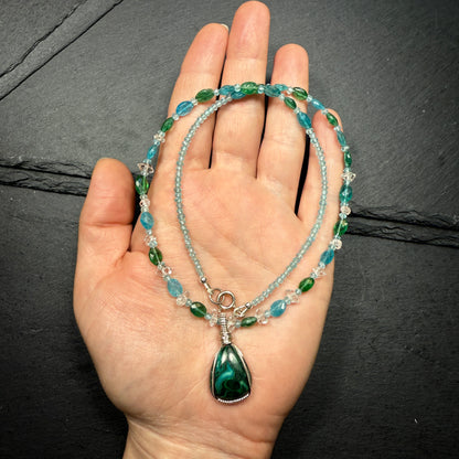 Chrysocolla Pendant with Blue Apatite and Double Terminated Clear Quartz Crystal Necklace ~ Inner Goddess Awakening