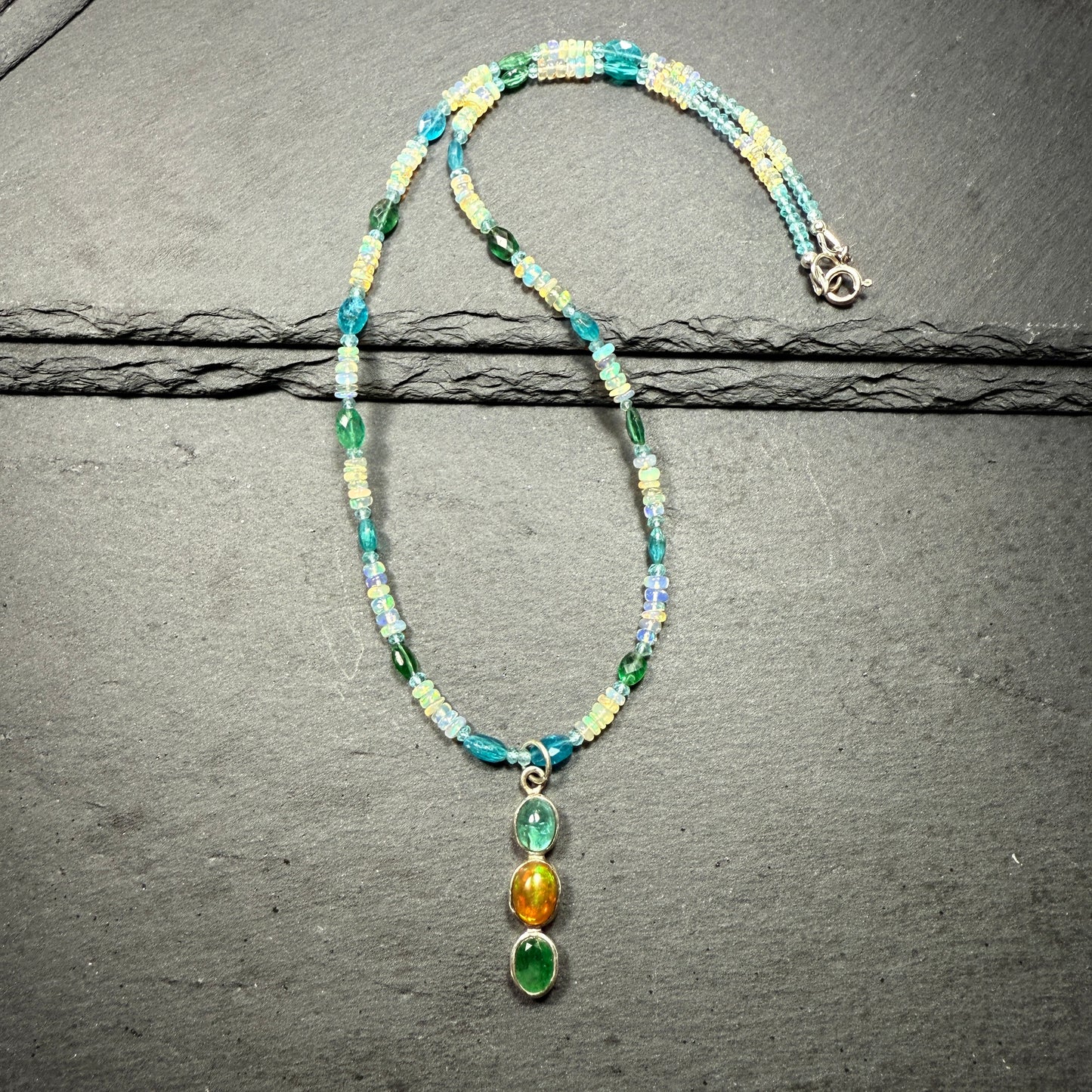Opal, Apatite and Emerald Pendant with Opal and Blue Apatite Gemstone Necklace ~ Vitality