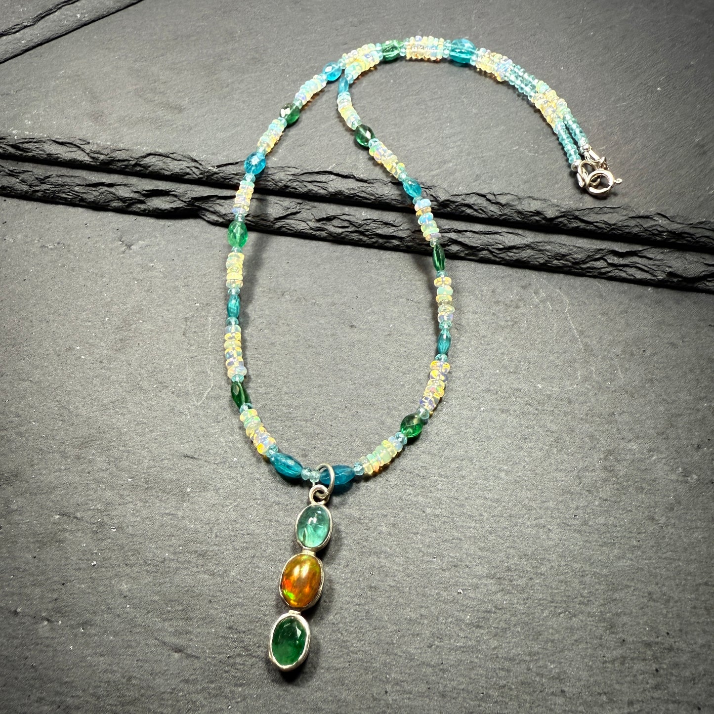 Opal, Apatite and Emerald Pendant with Opal and Blue Apatite Gemstone Necklace ~ Vitality