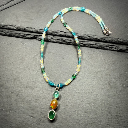 Opal, Apatite and Emerald Pendant with Opal and Blue Apatite Gemstone Necklace ~ Vitality