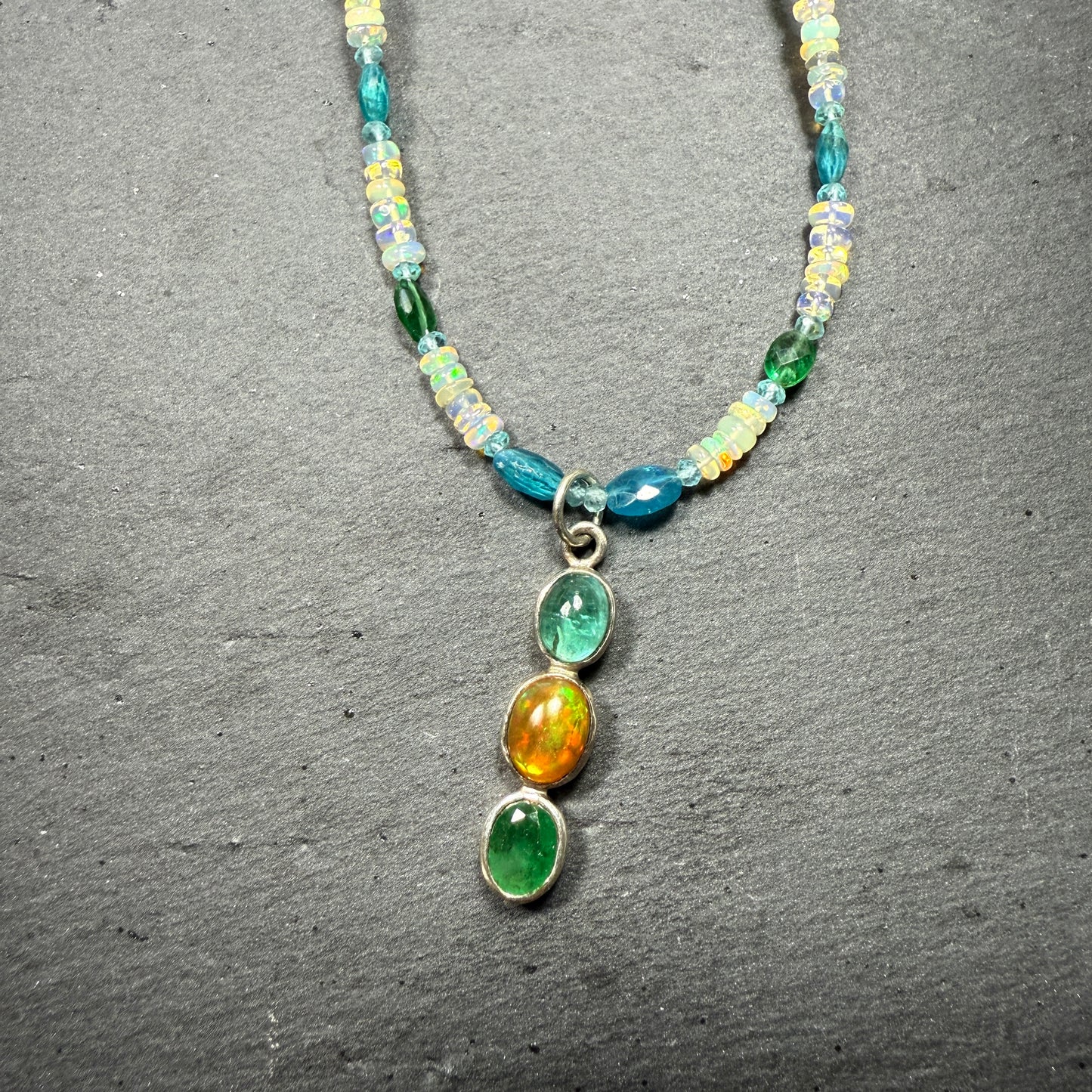 Opal, Apatite and Emerald Pendant with Opal and Blue Apatite Gemstone Necklace ~ Vitality