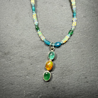 Opal, Apatite and Emerald Pendant with Opal and Blue Apatite Gemstone Necklace ~ Vitality