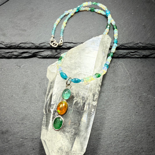 Opal, Apatite and Emerald Pendant with Opal and Blue Apatite Gemstone Necklace ~ Vitality