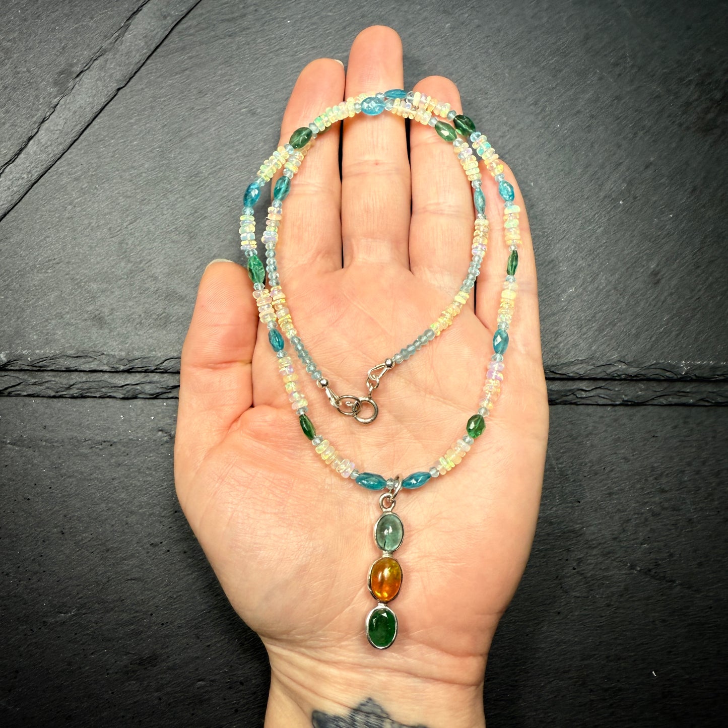 Opal, Apatite and Emerald Pendant with Opal and Blue Apatite Gemstone Necklace ~ Vitality